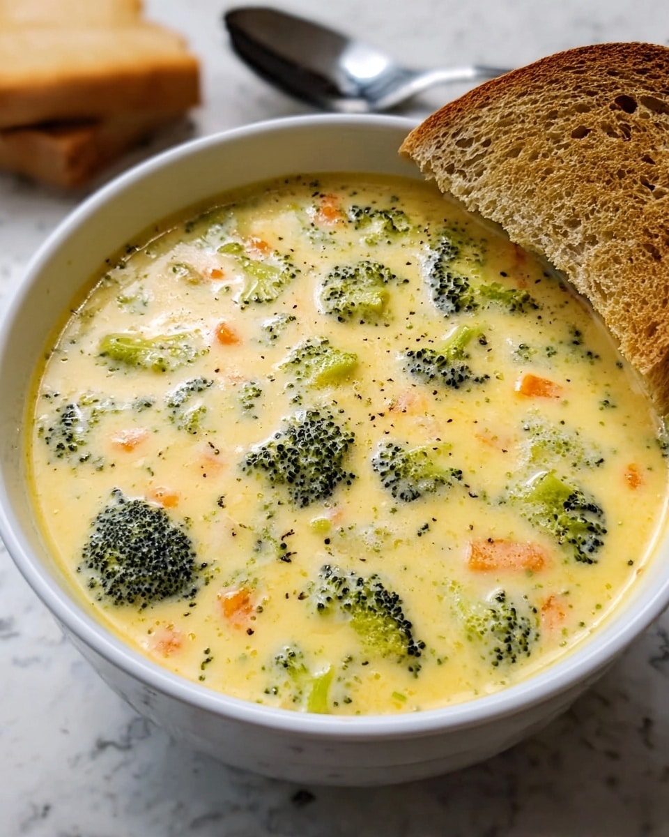 A white bowl filled with creamy, thick broccoli cheese soup showing visible pieces of bright green broccoli and small orange carrot bits inside the yellowish soup with specks of black pepper. On the right edge of the bowl, a slice of lightly toasted bread with a golden brown crust and soft, light beige inside rests partially on the bowl. The background and surface are replaced with a white marbled texture, and a fork and knife are slightly blurred in the background. Photo taken with an iphone --ar 4:5 --v 7