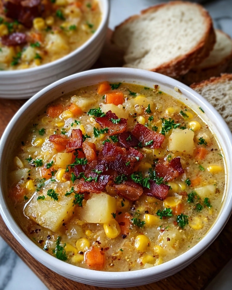 The image shows a close-up view of a thick soup served in a white bowl with a brown rim, placed on a white marbled surface. The soup has a chunky texture with visible layers of yellow corn kernels, light beige potato pieces, small bits of orange carrot, and bits of crispy dark brown bacon scattered on top. The soup appears creamy with a slight golden broth, and there is a sprinkle of finely chopped green herbs on the surface. In the background, there is a second bowl with the same soup and two slices of white bread slightly blurred. The photo taken with an iphone --ar 4:5 --v 7