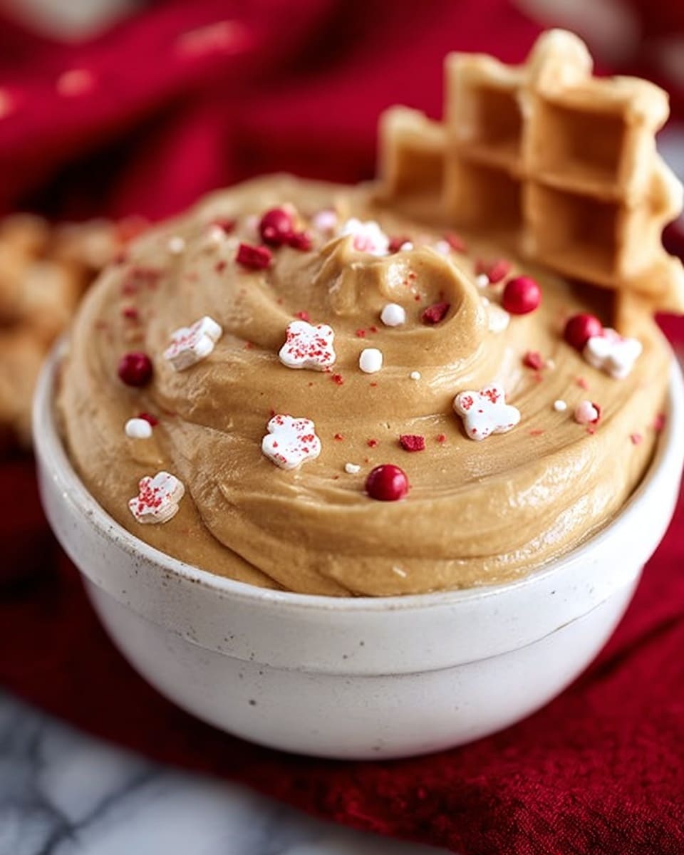 A white bowl filled with a thick, creamy light brown mixture that has a smooth, whipped texture. The mixture is swirled on top with defined folds and peaks. Scattered on the surface are small, festive red, white, and brown sprinkles shaped like tiny gingerbread men, snowflakes, and round red balls. A light-colored waffle piece is partially submerged on the right side, standing upright with its waffle grid texture visible. The bowl sits on a white marbled surface with a blurred red cloth in the background. photo taken with an iphone --ar 4:5 --v 7