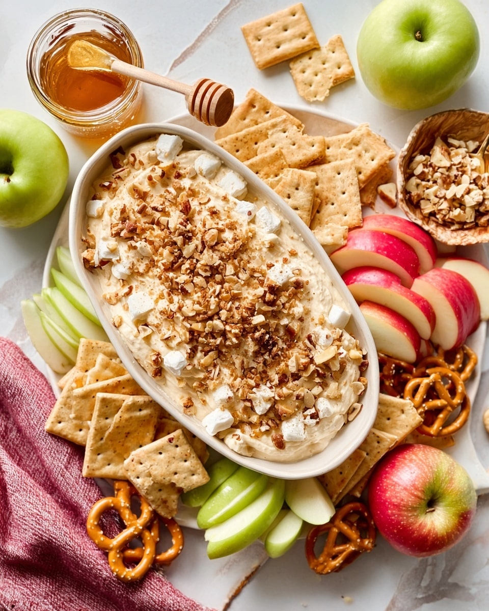 The image shows an oval white dish filled with a creamy, light beige dip sprinkled with crushed nuts on top. The dish is surrounded by apple slices with red and white colors, square light brown graham crackers, golden brown pretzels, and green apples placed on a white marbled surface. A small bowl with a dip or spread and a jar of honey with a spoon are also visible. A woman's hand is seen holding a pretzel. The overall colors are warm and inviting, with various textures from crunchy to creamy, arranged neatly around the dish. photo taken with an iphone --ar 4:5 --v 7