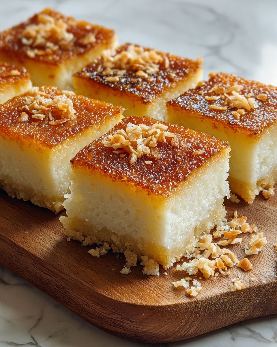 The image shows a wooden board holding six square pieces of a soft dessert with two clear layers; the top layer is thin, golden brown, and slightly crisp with a textured surface and small toasted flakes scattered on it, while the bottom layer is thick, white, and moist, with a smooth, grainy texture. Some crumbs of the white layer have fallen onto the board, adding to the natural look. The background has a white marbled texture. photo taken with an iphone --ar 4:5 --v 7