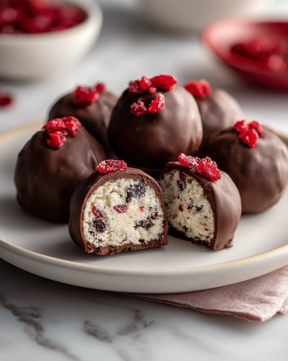 The image shows a white plate on a white marbled surface holding seven round chocolate-covered treats. Each treat is coated in smooth, dark brown chocolate and topped with a glossy, bright red cherry. The front treat is cut in half to show its inside layers: a light, crumbly white center with bits of red fruit embedded, surrounded by a thick chocolate shell. The overall look is neat with a contrast between the dark outer chocolate, the creamy white center, and the shiny red top. photo taken with an iphone --ar 4:5 --v 7