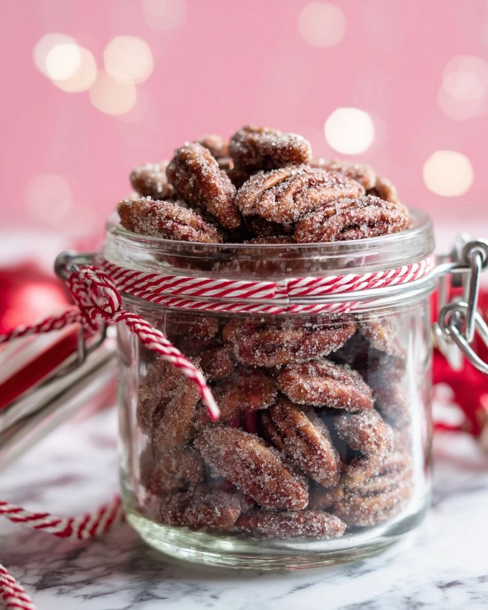 A clear glass jar filled to the top with sugar-coated pecan nuts is shown here. Each pecan has a rough texture with a layer of sparkling sugar crystals giving them a light brown and slightly creamy look. The jar has a metal latch and a red and white twisted string tied around its neck. The background is a soft pink with blurred white and red elements, and the jar sits on a white marbled surface. photo taken with an iphone --ar 4:5 --v 7
