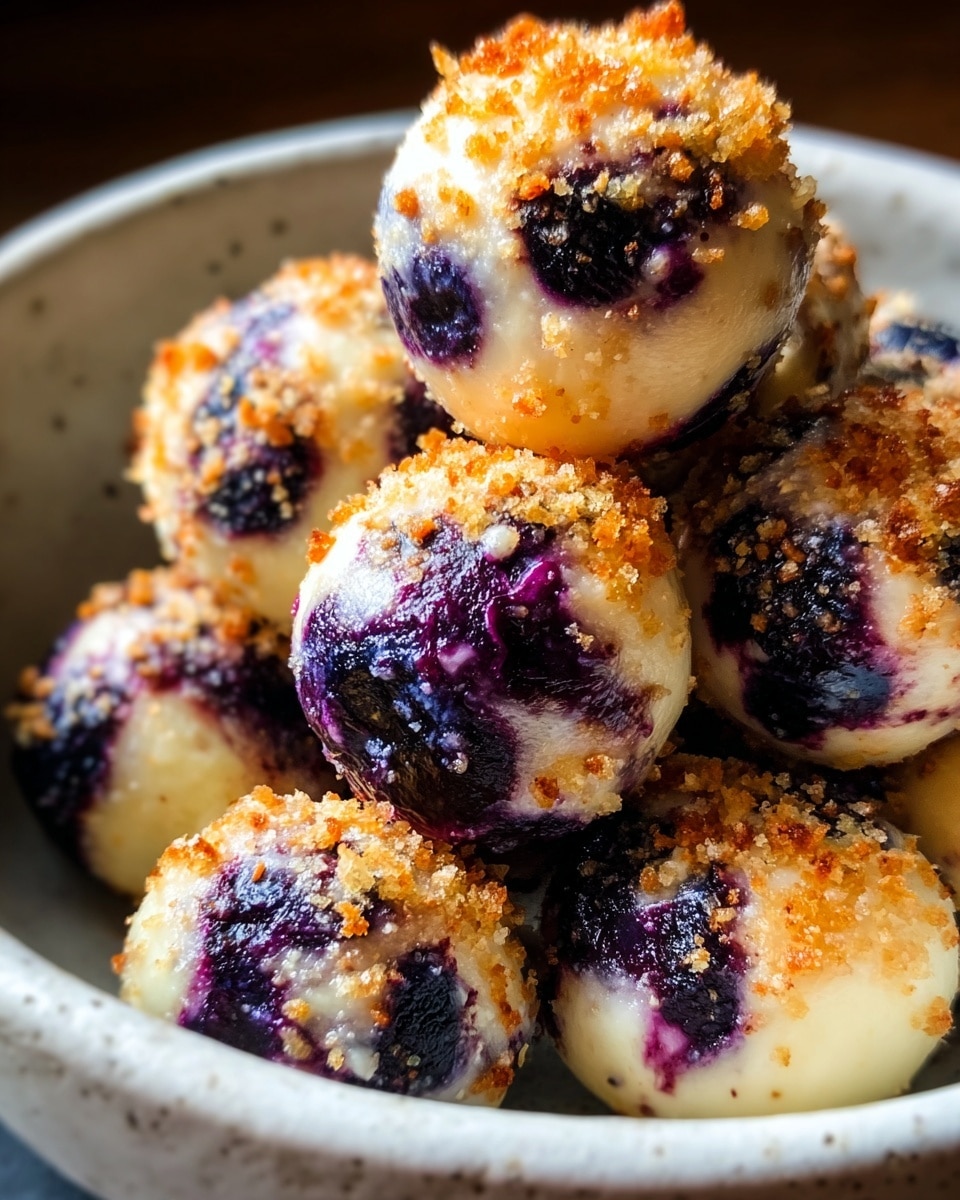 A pile of round, golden-yellow balls with deep purple blueberries embedded all over their surface, some parts showing a light toasted brown crust with a slightly rough texture on top. Each ball is smooth and creamy in appearance with blueberries visible both on the surface and slightly beneath, giving a marbled effect. The balls are placed closely together, filling a white bowl that contrasts with the warm colors of the balls. The background shows a white marbled texture that softly reflects light, highlighting the warm, inviting look of the dish. Photo taken with an iphone --ar 4:5 --v 7