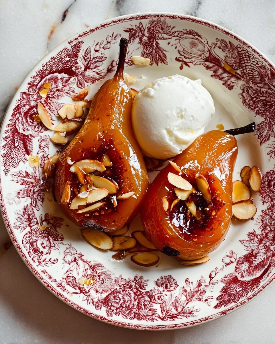 A white plate with red decorative patterns holds two halves of a baked pear, each with a shiny amber caramelized surface and visible brown spots from cooking; the pears are sprinkled with light beige almond slices. To the side of the pears is a soft, white dollop of whipped cream. The plate is placed on a white marbled surface. photo taken with an iphone --ar 4:5 --v 7