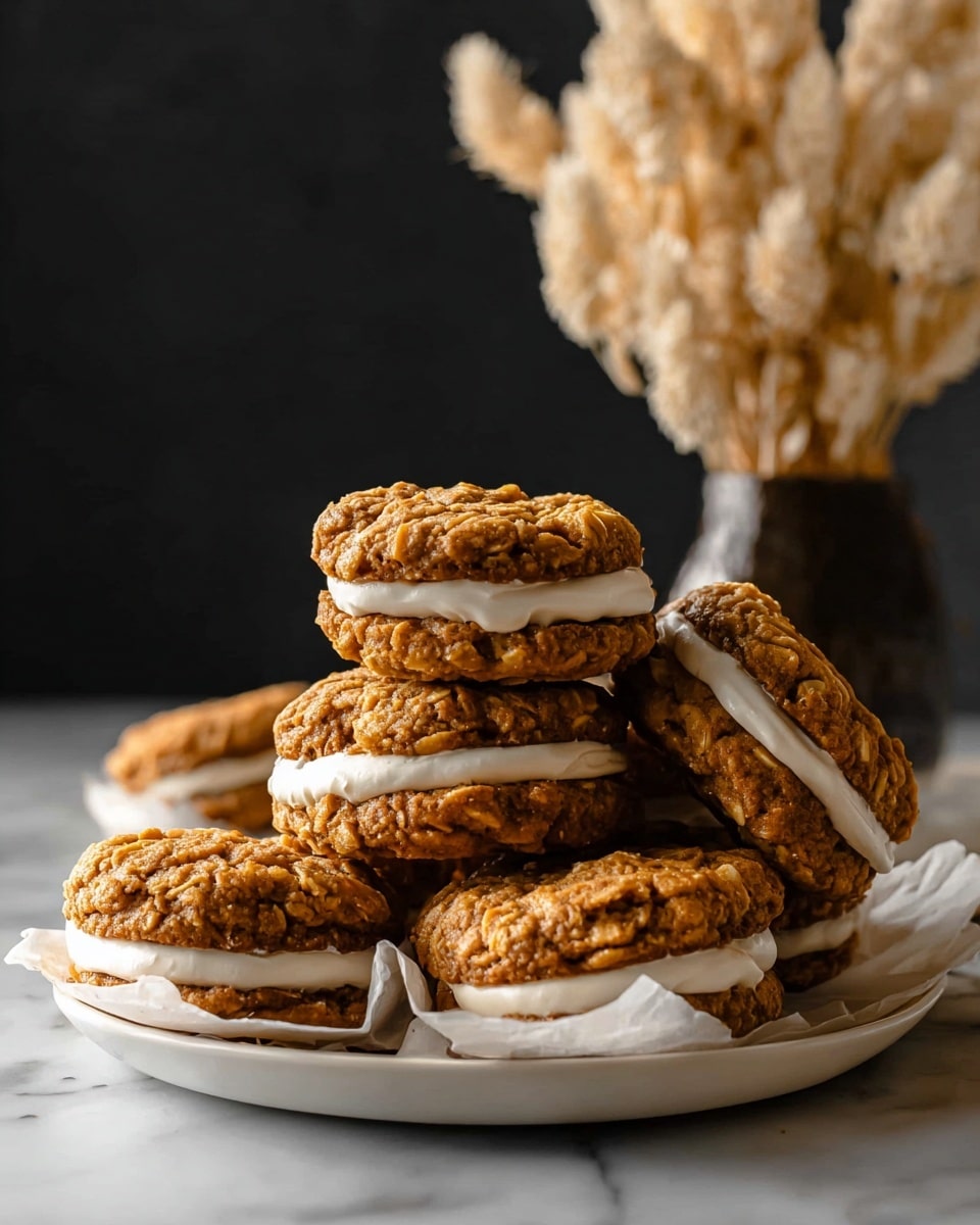A pile of oatmeal cookie sandwiches stacked on a white plate lined with parchment paper, each sandwich consisting of two golden-brown textured oatmeal cookies with a thick layer of white cream filling in the middle. The cookies have a rough, grainy texture with visible oats, and are slightly uneven in shape, adding a homemade feel. The plate is set on a white marbled surface, and in the background, there is a dark vase filled with light beige dried flowers against a dark backdrop, which contrasts with the warm tones of the cookies. photo taken with an iphone --ar 4:5 --v 7