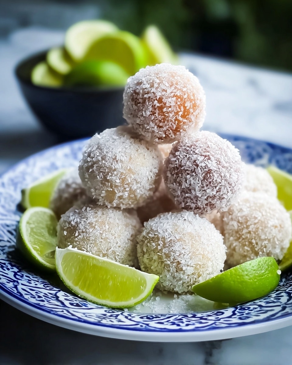 A white plate with a blue patterned rim holds a stack of round balls covered in coarse white sugar crystals; the balls show light brown and pale beige colors underneath the sugar coating. The stack is arranged with around nine sugar-coated balls, one of which has a reddish-brown tint showing through the sugar. Bright green lime wedges are placed around the balls on the plate, adding a fresh contrast. In the blurred background, a small black bowl contains more lime wedges, all set on a white marbled surface. photo taken with an iphone --ar 4:5 --v 7