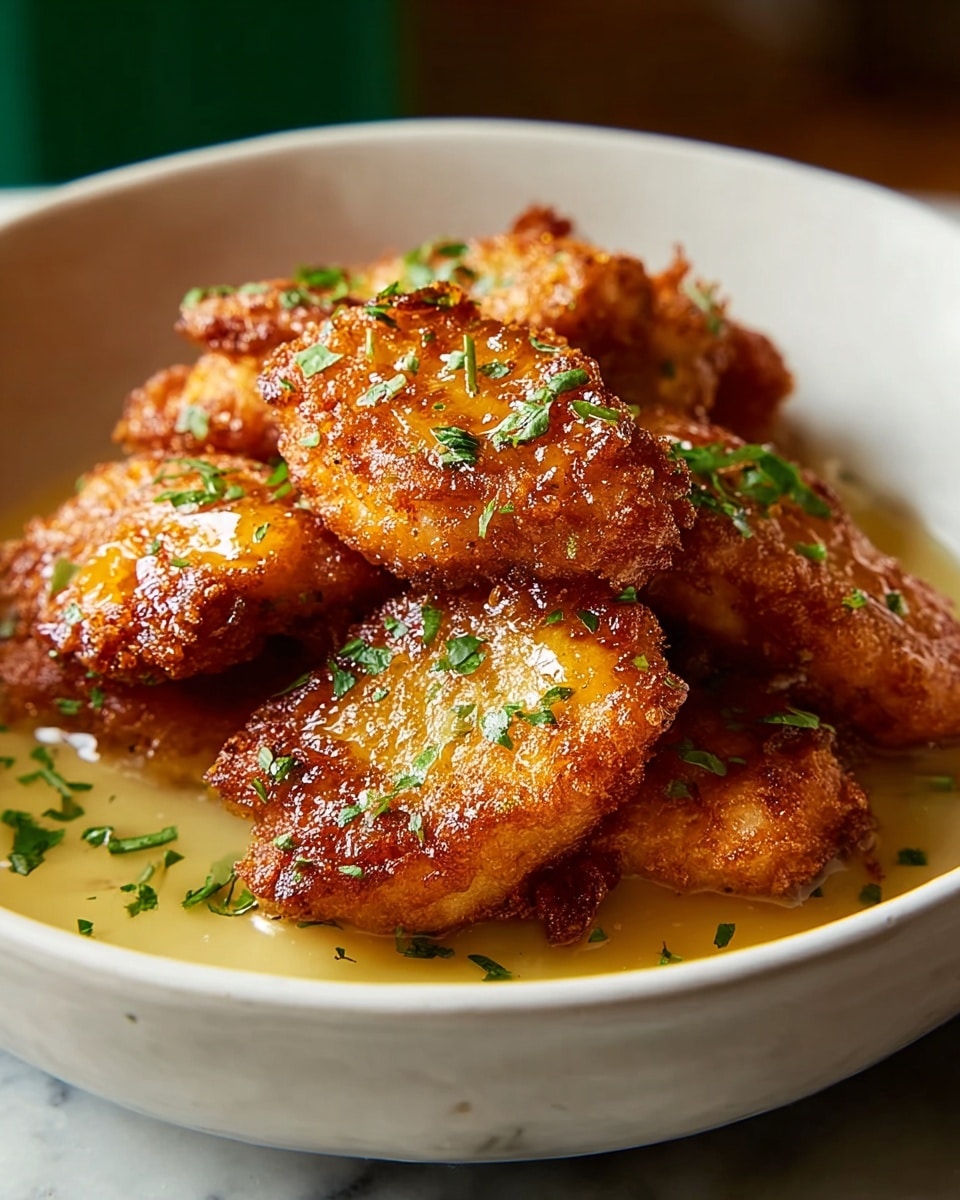 A white shallow bowl holds four pieces of golden-brown fried chicken thighs with a crispy texture and a shiny glaze of oil or butter. Each piece has a rough, crunchy look with dark orange and light golden color patches, sprinkled with small green herb pieces on top. There is a thin layer of yellowish sauce or oil pooling at the bottom of the bowl, making the chicken appear juicy and rich. The bowl sits on a wooden surface, and the background is softly blurred with green hints, emphasizing the chicken pieces in the front. Photo taken with an iphone --ar 4:5 --v 7
