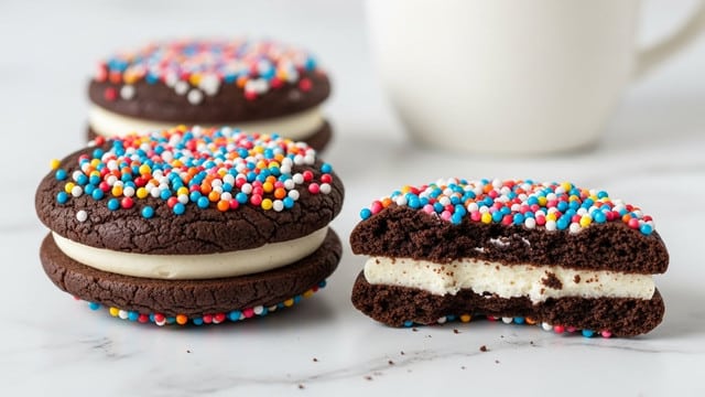 The image shows several round cookies arranged closely together on a white marbled surface. Each cookie has two different toppings: one group is covered fully with tiny, colorful round sprinkles, creating a vibrant and textured top layer, while the other group is coated with dark chocolate sprinkles, giving a rough, matte, and deep brown look. The cookies appear thick and rich, with the colorful sprinkle cookies having a bright and playful feel and the chocolate sprinkle cookies looking dense and indulgent. photo taken with an iphone --ar 4:5 --v 7