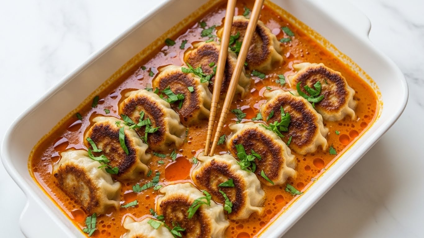 The image shows many dumplings covered in a rich, creamy orange sauce that fills the white bowl. Each dumpling is topped with a chunky, dark red chili paste with small bits of sesame seeds. Bright green chopped cilantro is scattered all over the dish, adding color contrast. The dumplings appear soft and slightly folded, sitting in the thick sauce that has a smooth, slightly oily texture with red oil droplets on the surface. The overall look is vibrant with warm tones and fresh green highlights on a white marbled background. photo taken with an iphone --ar 4:5 --v 7