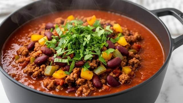 A black cast iron pan filled with a rich chili made of ground meat, white beans, diced green and red bell peppers, and chunks of tomatoes and onions in a thick reddish-brown sauce. On the top center, there is a dollop of white sour cream, sprinkled with fresh green cilantro leaves scattered around. The pan sits on a surface with a white marbled texture, and a silver spoon leans into the chili from the right side. photo taken with an iphone --ar 4:5 --v 7