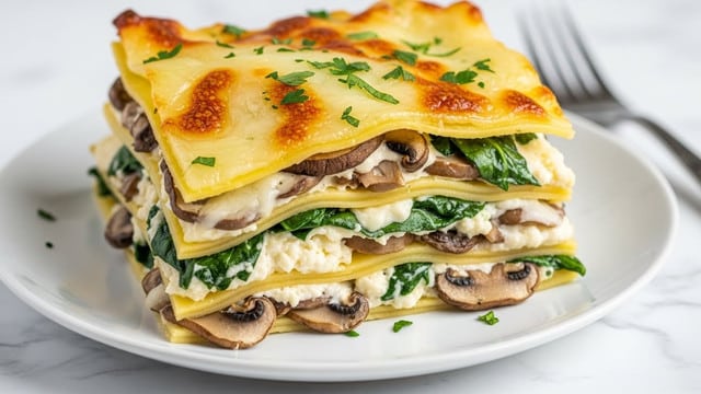 A close-up view of a three-layer lasagna slice on a white plate, each layer showing thin pasta sheets alternated with fillings. The first layer is creamy white cheese mixed with spinach that looks dark green and slightly wet, and slices of brown mushrooms. The second layer is another pasta sheet topped with the same creamy mixture of white cheese, dark green spinach, and brown mushrooms. The top layer is a smooth, golden-brown melted cheese with some herb pieces sprinkled on top, creating a slightly bubbly texture. The background is a white marbled surface with some blurred green leaves in the distance. Photo taken with an iphone --ar 4:5 --v 7