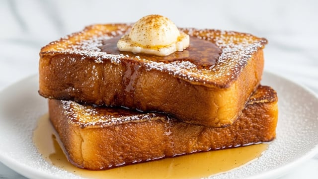 Two thick slices of golden brown French toast are stacked on a white plate, each slice showing a crispy, slightly caramelized surface with speckles of powdered sugar lightly dusted on top. The top slice is adorned with a dollop of creamy butter with a sprinkle of cinnamon or nutmeg. A shiny layer of syrup glistens, pooling around the base of the toast and giving a glossy finish to the edges. The background is a white marbled texture, adding a clean and simple contrast to the warmth of the toast. Photo taken with an iphone --ar 4:5 --v 7