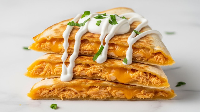 The image shows a stack of three quesadilla slices, each with golden-brown toasted tortillas on the outside. Inside, the quesadillas have a rich filling of shredded chicken mixed with melted yellow cheese, visible from the open edges. The top quesadilla slice is drizzled with white sour cream sauce and sprinkled with fresh green chopped herbs, adding a pop of color. The quesadillas are resting on a surface with a white marbled texture, creating a clean and bright background. photo taken with an iphone --ar 4:5 --v 7