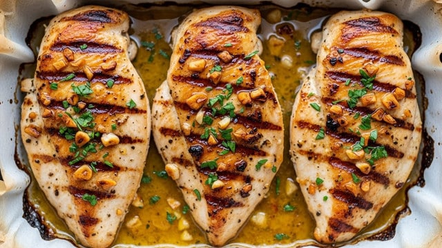 The image shows three grilled chicken breasts in a white rectangular baking dish lined with parchment paper. Each chicken breast is well-cooked with a golden brown, slightly charred surface covered in small bits of garlic and sprinkled evenly with chopped green herbs. The chicken is sitting in a shallow pool of yellowish sauce that looks rich and glossy, gathering around the edges of the dish. The texture of the chicken appears moist and tender, with some darker caramelized spots highlighting the grilled effect. Photo taken with an iphone --ar 4:5 --v 7