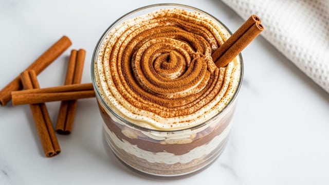 A top view of a dessert in a clear glass cup showing three layers: the bottom layer is a crumbly, light brown base, the middle layer is a smooth dark brown filling, and the top layer is covered with a thick dusting of cinnamon powder. On top of the cinnamon, there is a spiral swirl of creamy, off-white frosting with a smooth texture. A single cinnamon stick is placed diagonally on the right side, poking out of the dessert. The dessert sits on a white marbled surface with three additional cinnamon sticks aligned on the left, and a corner of a white textured cloth is visible at the top right. photo taken with an iphone --ar 4:5 --v 7