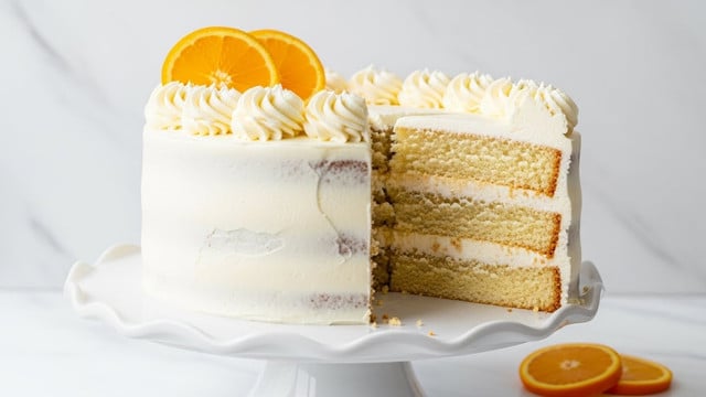 A three-layer orange cake on a white plate, each layer separated by white creamy frosting and a thin layer of orange jam. The cake texture is light yellow and moist. The outside is fully covered with smooth white frosting. The top is decorated with two thick orange slices and several thin orange peel curls. Around the plate, there are more orange slices and curls scattered on a white marbled surface. photo taken with an iphone --ar 4:5 --v 7