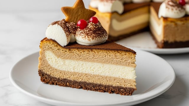A close-up of a thick slice of cheesecake on a white plate, placed on a white marbled surface, showing three clear layers. The bottom layer is a dark brown crumbly crust, the middle layer is a thick, smooth, cream-colored cheesecake, and the top layer is a light brown baked surface dusted with cocoa powder. On top, there is a swirl of white whipped cream sprinkled with cocoa powder, decorated with small red berries and a piece of a star-shaped cookie. Photo taken with an iphone --ar 4:5 --v 7