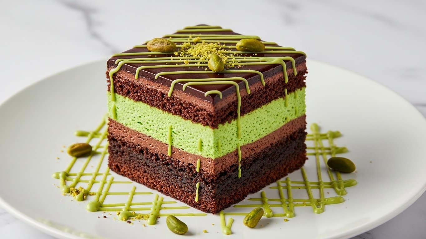 A three-layer square slice of cake sits on a white plate over a white marbled surface. The bottom layer is dark brown and has a moist, dense texture like a rich brownie. The middle layer is a bright green mousse with a light, airy texture forming a thick section. The top layer is a smooth, dark chocolate ganache, glossy and thick, decorated with drizzles of lighter green lines and scattered thin green pistachio nut pieces. More pistachio pieces are spread around the plate, adding a touch of brightness to the scene. photo taken with an iphone --ar 4:5 --v 7