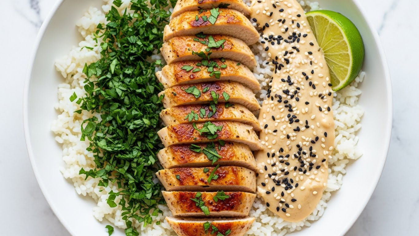 A white bowl filled with a base layer of fluffy white rice, topped on one side with finely chopped green herbs, and on the other with juicy, golden-brown grilled chicken breast slices arranged in a neat row. The chicken is speckled with herbs and drizzled with a creamy light beige sauce that pools slightly at the edge of the rice, sprinkled with black and white sesame seeds. A bright green lime wedge rests on the sauce near the bowl’s edge. The bowl sits on a white marbled surface. photo taken with an iphone --ar 4:5 --v 7