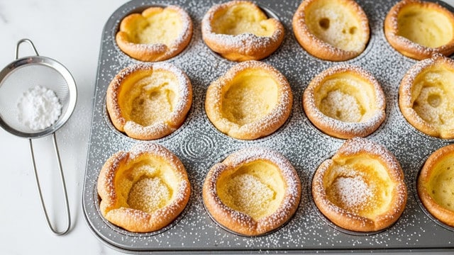 A metal muffin tray holds twelve golden Dutch baby pancakes, each with puffy, uneven tops and lightly browned edges curling upward. The pancakes have a soft, airy texture with some holes and darker browned spots on the surface. Powdered sugar is dusted generously over both the pancakes and the tray, creating a fine white layer. The tray sits on a white marbled surface, and to the left, a stainless steel sifter filled with powdered sugar rests nearby. photo taken with an iphone --ar 4:5 --v 7