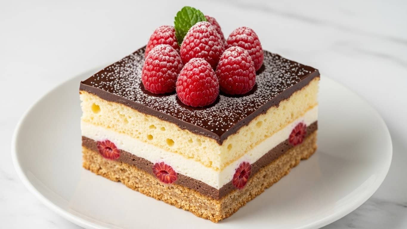 A square piece of cake with four visible layers: the bottom layer is a crumbly, light brown crust; above it is a thick, soft, and airy pale cream cake layer with small holes; next is a white smooth cream layer; the top layer is a glossy dark chocolate glaze spread evenly. On top of the chocolate glaze are fresh red raspberries grouped in the center, lightly dusted with white powdered sugar, and garnished with a small green mint leaf. The cake is placed on a white plate on a white marbled surface. photo taken with an iphone --ar 4:5 --v 7