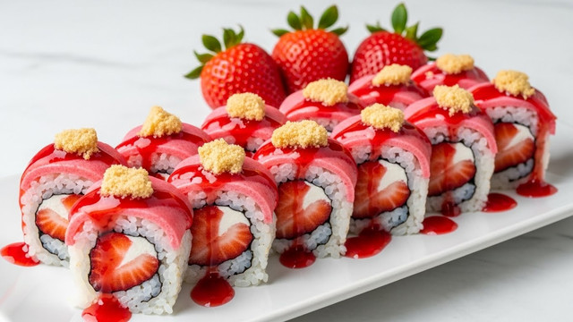 A white rectangular plate holds a row of strawberry sushi rolls placed closely side by side. Each roll has three layers: the inner layer contains sliced bright red strawberries with white cream in the center, wrapped in a thin black seaweed sheet. The middle layer is white sushi rice, and the outer layer is a translucent pink strawberry-flavored topping that shines softly. On top of each roll are small crumbles of light tan cookie crumbs and a drizzle of dark red strawberry sauce that pools slightly on the plate. At the back of the sushi rolls, three whole red strawberries with green leaves sit in a row. The surface underneath the plate is a white marbled texture. photo taken with an iphone --ar 4:5 --v 7