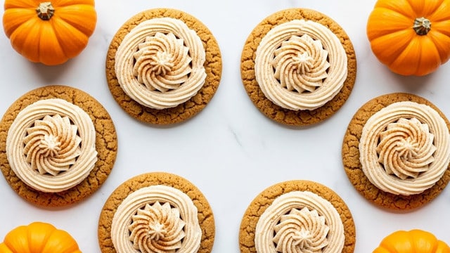 The image shows five round cookies arranged on a white marbled surface, each topped with a swirl of creamy, light beige frosting sprinkled with a light dusting of brown spice. The cookies have a golden brown, slightly rough texture with a crumbly look. Around the cookies are small, bright orange mini pumpkins, adding a pop of color to the scene. The whole setup appears simple and clean, focusing on the cookies' textured frosting swirls and the pumpkins' smooth surfaces. Photo taken with an iphone --ar 4:5 --v 7