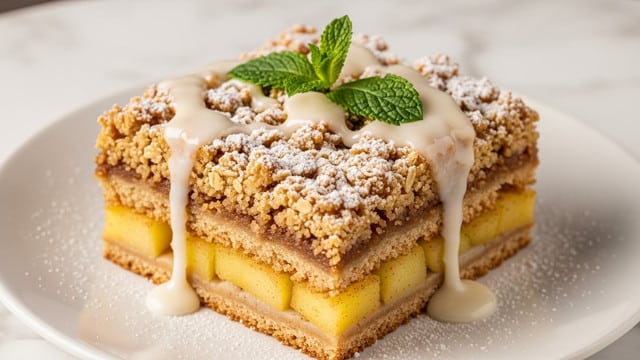 A close-up of a square slice of apple crumble dessert on a white plate, showing three visible layers: the bottom layer with soft, cooked apple chunks that are light yellow with a hint of cinnamon, the middle layer consisting of a moist, gooey mixture binding the apples, and the top layer made of a crumbly, golden-brown oat topping dusted with powdered sugar. On top, a white glaze is drizzled unevenly, melting slightly down the sides. Two fresh green mint leaves are placed on the center of the crumble as decoration. The plate sits on a white marbled textured table, with soft warm light enhancing the textures and colors. Photo taken with an iphone --ar 4:5 --v 7