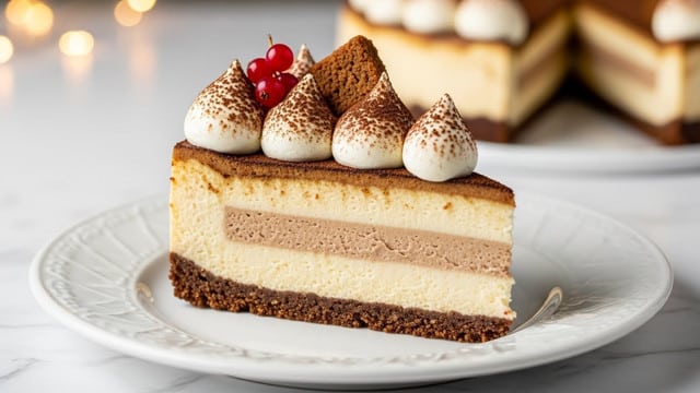 A slice of cheesecake with three clear layers sits on a white plate over a white marbled surface. The bottom layer is a dark brown crumbly crust. The middle layer is thick, creamy, and pale yellow, with a smooth texture. The top layer is a thin, darker brown surface dusted with cocoa powder. On top, there are swirls of white whipped cream sprinkled with cocoa powder and garnished with red berries and a small piece of brown cake. The background is softly blurred, with warm lighting highlighting the dessert. Photo taken with an iphone --ar 4:5 --v 7