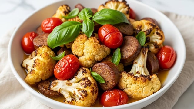 In a close-up view, a white bowl holds a mix of roasted vegetables, including golden-brown cauliflower florets with charred edges, vibrant red roasted cherry tomatoes, and pieces of browned sausage. The dish is garnished with fresh green basil leaves that add contrast and texture on top. The vegetables and sausage sit in a light, slightly oily sauce visible at the bottom layer. The bowl rests on a soft cream-colored cloth, all placed on a white marbled surface. photo taken with an iphone --ar 4:5 --v 7