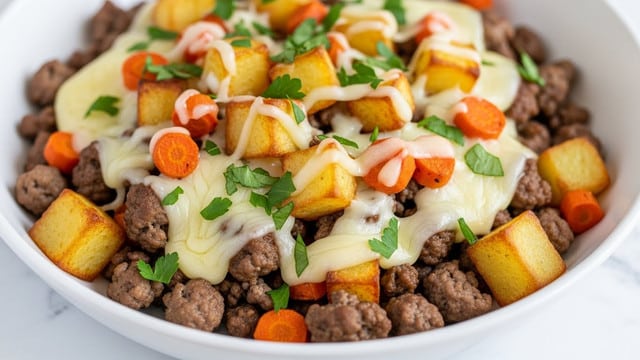 A close-up view of a dish in a white bowl filled with several layers, starting with a base of browned ground meat scattered evenly. On top, there are chunks of golden-brown roasted potatoes mixed with small bits of orange carrots. A layer of melted cheese covers the ingredients, creating a creamy texture that blends into the meat and vegetables. Finally, finely chopped green herbs are sprinkled all over, adding fresh color and detail. The dish is set on a white marbled surface. photo taken with an iphone --ar 4:5 --v 7