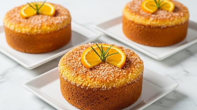 Three small round sponge cakes sit on white square plates over a white marbled surface. Each cake has a golden brown texture with a slightly crumbly top layer, glistening with sugar crystals. On the top of each cake are two thin orange slices and a small sprig of green herb, likely rosemary, adding a fresh touch. The cakes have a soft and moist appearance, with a warm and inviting color palette of golden brown and bright orange. The background is softly blurred giving focus to the cakes. photo taken with an iphone --ar 4:5 --v 7