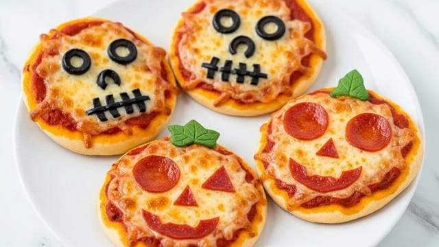 The image shows four small round pizzas on a white plate placed on a white marbled surface. Each pizza has a golden-brown crust with a layer of melted cheese and reddish tomato sauce underneath. Three of the pizzas have pizza toppings arranged to look like spooky skull faces made from black olives for eyes and mouth details. The fourth pizza looks like a pumpkin face with two pepperoni slices as eyes, a small pepperoni triangle as a nose, and a pepperoni curved smile; it also has a small green leaf shaped like a pumpkin stem at the top edge. The cheese appears bubbly and slightly toasted in places. Photo taken with an iphone --ar 4:5 --v 7