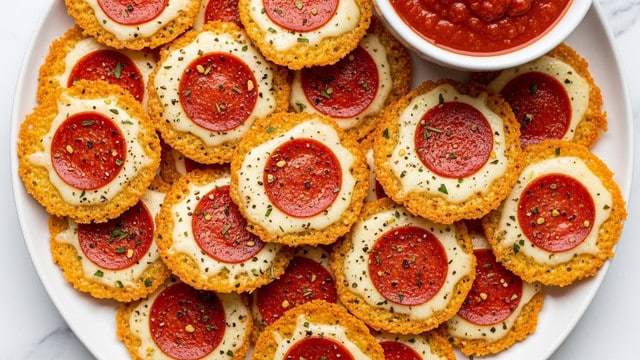 The image shows several crispy pizza bites stacked on a white plate, each topped with melted golden cheese and a slice of pepperoni that is dark red and slightly curled at the edges. The pizza bites have browned, crunchy edges with a speckled seasoning of green herbs and black pepper scattered across the surface. In the background, a white bowl holds a thick, chunky red dipping sauce with green herbs on top. The whole setting is placed on a white marbled surface. photo taken with an iphone --ar 4:5 --v 7