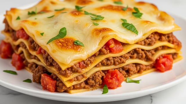 The image shows a close-up of a serving of lasagna on a white plate, resting on a white marbled surface. The lasagna has multiple layers visible: the top layer is melted, golden-brown cheese that looks gooey and slightly crispy in spots; beneath the cheese, there are layers of ground beef mixed with red tomato chunks, creating a rich texture; the sauce and meat layers alternate with light golden pasta sheets, slightly visible at the edges. The dish is sprinkled with fresh green parsley pieces scattered on top, adding a touch of color and freshness. Photo taken with an iphone --ar 4:5 --v 7