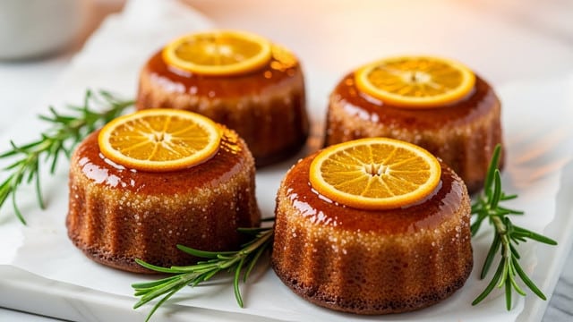 Four small round cakes with a golden brown color sit close together on white parchment paper. Each cake has a shiny sugar glaze on top and is garnished with a thin, round orange slice. Green rosemary sprigs are placed beside the cakes, adding a fresh touch. The scene is lit warmly, with a soft, blurred background and the cakes resting on a white marbled textured surface. photo taken with an iphone --ar 4:5 --v 7