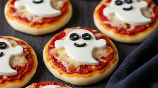 The image shows small round pizzas with a light golden crust, each topped with a layer of red tomato sauce and melted mozzarella cheese. On top of the cheese, there is a ghost-shaped piece of mozzarella, white and smooth with small black olive pieces for eyes and a smiling mouth. The pizzas are placed on a dark wooden surface with a dark cloth nearby, and the texture of the dough looks soft and slightly thick. photo taken with an iphone --ar 4:5 --v 7