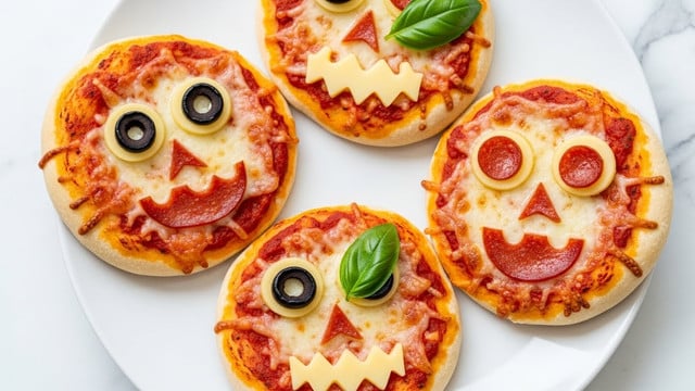 Four small round pizzas sit on a white plate with a white marbled texture beneath. Each pizza has a golden-brown crust and is topped with melted cheese covering a layer of red tomato sauce. The pizzas are decorated to look like smiling Halloween skull faces using black olive slices for eyes and various shapes cut out of cheese or pepperoni for mouths and noses. Two of the pizzas have a single green basil leaf on top, adding a touch of green. The texture of the cheese is bubbly and slightly browned, creating a warm and playful look. Photo taken with an iphone --ar 4:5 --v 7