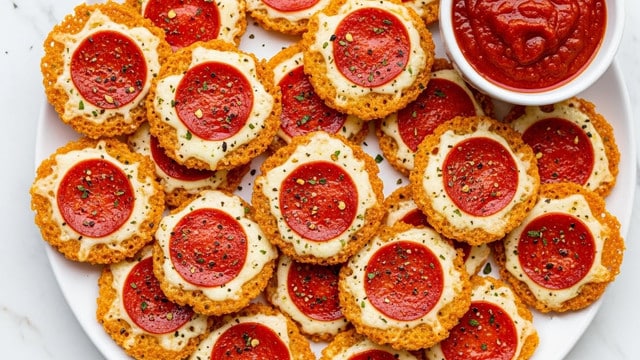 The image shows many small, round, crispy cheese crisps layered on a white plate with a white marbled background. Each crisp has a golden-brown, lacy, and crunchy textured edge with a melted white center topped by one bright red pepperoni slice. Green herb flakes and black pepper are sprinkled over the crisps, adding color and texture. A white bowl filled with red marinara sauce is seen on the top right corner of the plate. The arrangement looks warm and appetizing, with the crisps overlapping softly. photo taken with an iphone --ar 4:5 --v 7