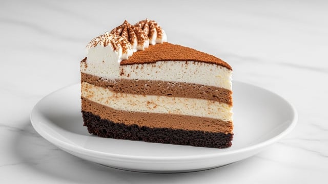 The image shows a slice of layered dessert on a white plate placed on a white marbled surface. The dessert has three visible layers: the bottom layer is a dark, crumbly chocolate base, the middle layer is a smooth, light brown cream, and the top layer is a thick, white cream. The top is dusted with cocoa powder and decorated with a swirl of white whipped cream sprinkled lightly with cocoa powder. Photo taken with an iphone --ar 4:5 --v 7