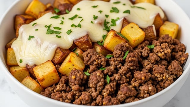 A close-up view of a white bowl filled with a cooked dish featuring three main layers: the bottom layer consists of browned crumbled ground meat, the middle layer is covered with chunks of golden roasted potatoes with crispy edges, and the top layer is melted cheese draped over the meat and potatoes, sprinkled with finely chopped green herbs for garnish. The textures show the softness of the cheese, the roasted slight crunch of the potatoes, and the savory grainy texture of the meat all mixed together. The bowl sits on a white marbled surface. photo taken with an iphone --ar 4:5 --v 7
