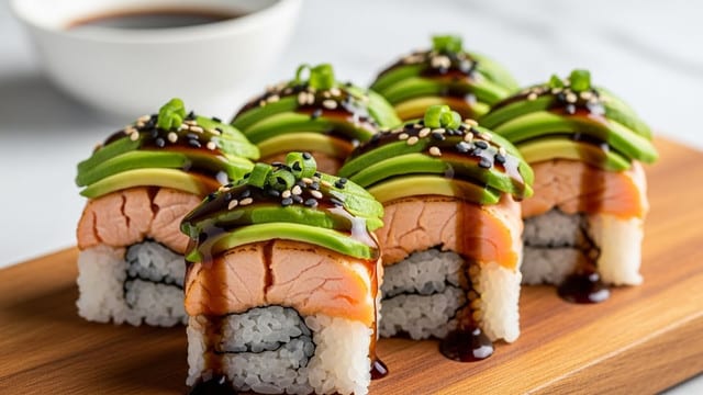The image shows six pieces of sushi arranged neatly on a wooden board. Each piece has three visible layers: a bottom layer of sticky white rice, a middle layer of cooked salmon with a soft texture, and a top layer made of thin green avocado slices. The sushi is topped with a dark brown sauce drizzled over the avocado and salmon, sprinkled with black sesame seeds and small green chopped scallions. In the background, a white bowl with dark sauce is slightly out of focus, all placed on a white marbled surface. photo taken with an iphone --ar 4:5 --v 7