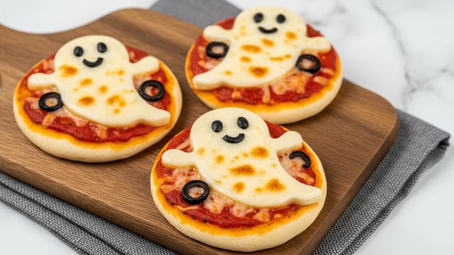 Three small round pizzas sit on a wooden board with a gray cloth underneath, on a white marbled surface. Each pizza has one layer of light golden, slightly puffed dough at the bottom, topped with a layer of bright red tomato sauce. The top layer is melted white cheese shaped like a cute ghost with rounded head and waving arms, each ghost having two black oval eyes and a small smiling mouth made from pieces of black olive or similar. The cheese is slightly browned in spots, giving a melted texture. photo taken with an iphone --ar 4:5 --v 7