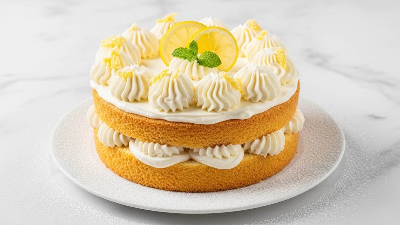 A two-layer lemon cake with light yellow sponge layers separated by a thick white cream filling. The outside is coated with smooth white frosting. The top is decorated with swirls of white cream, two lemon slices, and a small green mint leaf in the center. The cake sits on a white plate with powdered sugar dusted around it, all placed on a white marbled surface. photo taken with an iphone --ar 4:5 --v 7