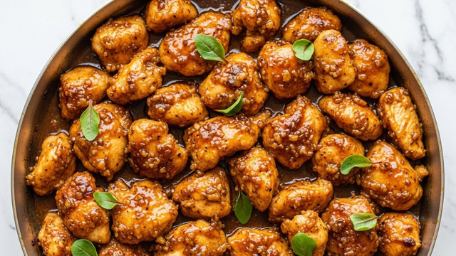 The image shows a black pan filled with small, golden-brown chicken pieces that are lightly charred on some edges, covered in a glossy, rich orange sauce. The chicken pieces are of similar size and scattered evenly across the pan, with fresh green herb leaves sprinkled on top adding a pop of color. The sauce pools slightly at the bottom, giving the chicken a shiny and succulent look. The background has a soft focus with a white marbled texture underneath the pan. photo taken with an iphone --ar 4:5 --v 7