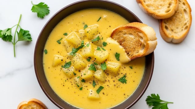 A dark brown bowl filled with creamy yellow soup that has visible chunks of potato and sprinkles of green herbs and black pepper on top, with a toasted slice of bread partially dipped in the soup at the edge of the bowl, all placed on a white marbled surface with additional toasted bread slices and fresh green herbs scattered around. photo taken with an iphone --ar 4:5 --v 7