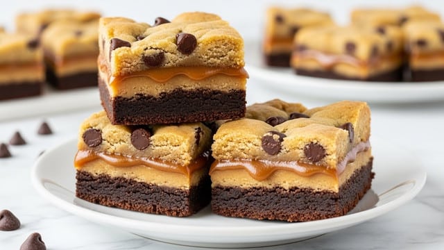 A close-up view of three stacked dessert bars on a white plate set on a white marbled surface, each bar showing three clear layers: a golden brown, slightly crumbly cookie dough layer on top with small dark chocolate chips visible, a thick, gooey middle layer of melted caramel, and a dense, fudgy chocolate brownie base at the bottom. The bars have uneven edges and a shiny, moist texture in the middle caramel layer. In the background, more bars are blurred but visible on another white plate. A few chocolate chips are scattered on the surface near the plate. Photo taken with an iphone --ar 4:5 --v 7