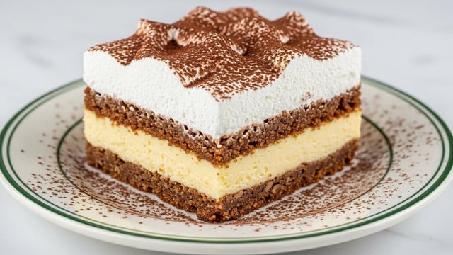 A close-up photo shows a three-layer square slice of dessert on a white plate with a green rim, sitting on a white marbled surface. The bottom layer is a crumbly, darker brown crust. The middle layer is thick, smooth, and light yellow, likely a custard or cheesecake filling. The top layer is fluffy and white with soft peaks, dusted evenly with cocoa powder that extends slightly onto the plate. The image is well-lit and focused on the texture of each layer. Photo taken with an iphone --ar 4:5 --v 7