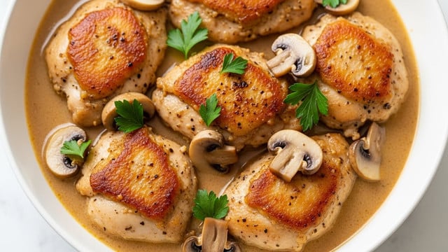 A close-up image shows a bowl filled with a creamy, light brown sauce surrounding several browned chicken pieces and halved mushrooms. The chicken pieces appear tender with a slightly crisp, golden-brown surface. The sauce is smooth and thick, coating the chicken and mushrooms evenly. Fresh green parsley leaves are sprinkled on top, adding bright color contrast. The bowl is white and sits on a white marbled texture. The overall look is warm, rich, and inviting. photo taken with an iphone --ar 4:5 --v 7